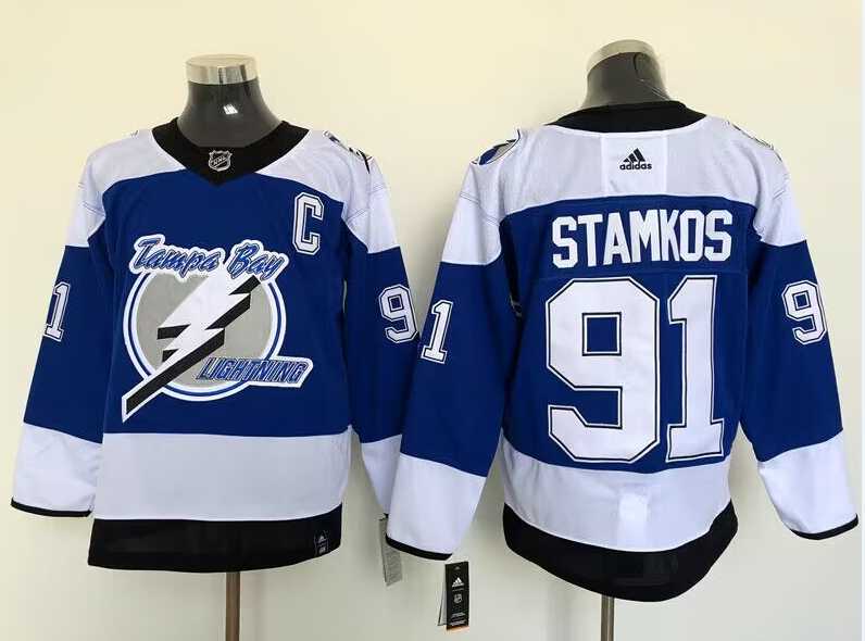 Tampa Bay Lightning #91 Steven Stamkos Blue Mens Adidas 2020-21 Reverse Retro Alternate NHL Jersey